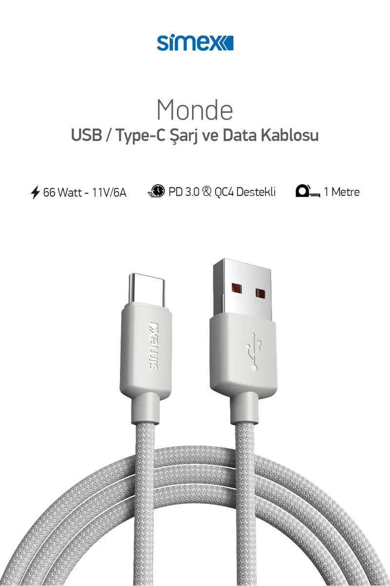 060717_3.jpg Simex USB to Type-c SPK-10 Monde 1mt 66W Data Kablosu - Görsel 1