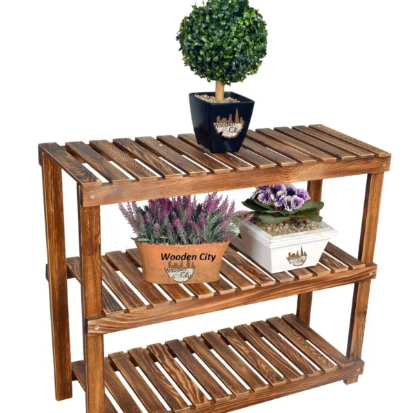Wooden City Kahverengi Saksı Standı Dekoratif Raf 3 Katlı Çiçeklik Ahşap Stand Saksı Sehpası